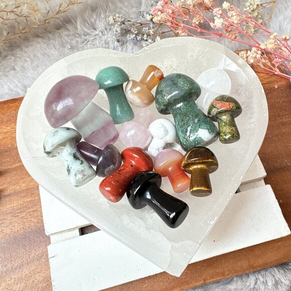 Beautiful Selenite Heart Bowl with Mini Crystal Mushrooms Bundle Gift Set - Picture 1 of 9